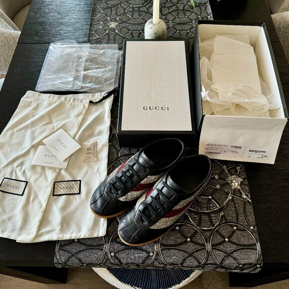 FULL SET GUCCI BLACK CALFSKIN LEATHER GLITTER WEB FALACER SAMBA SNEAKERS SZ 8 9 - Picture 1 of 3